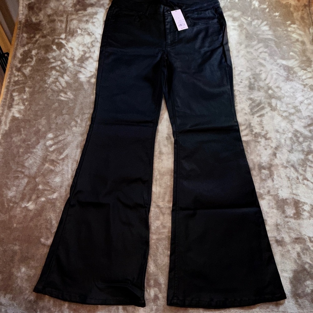 Wild Fable Flare Pants Women L Black New Coated Faux Leather Look High Rise